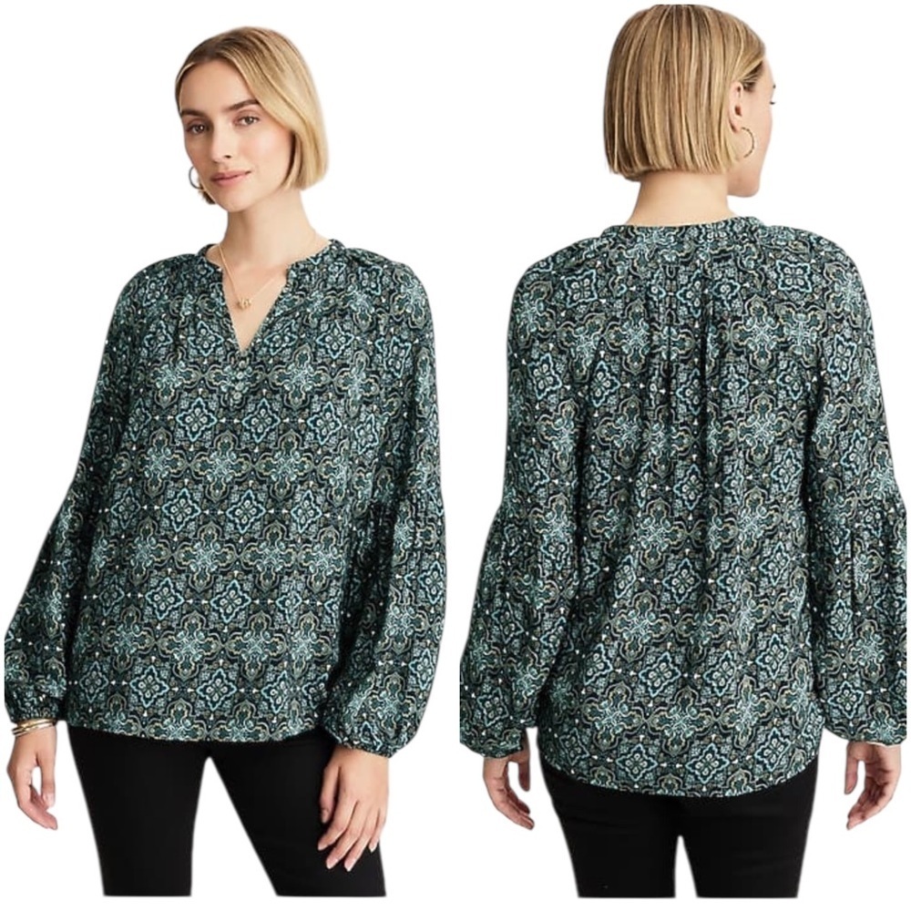 J. Jill Large Swing Fit Balloon Sleeve Medallion Print Long Sleeve Blouse